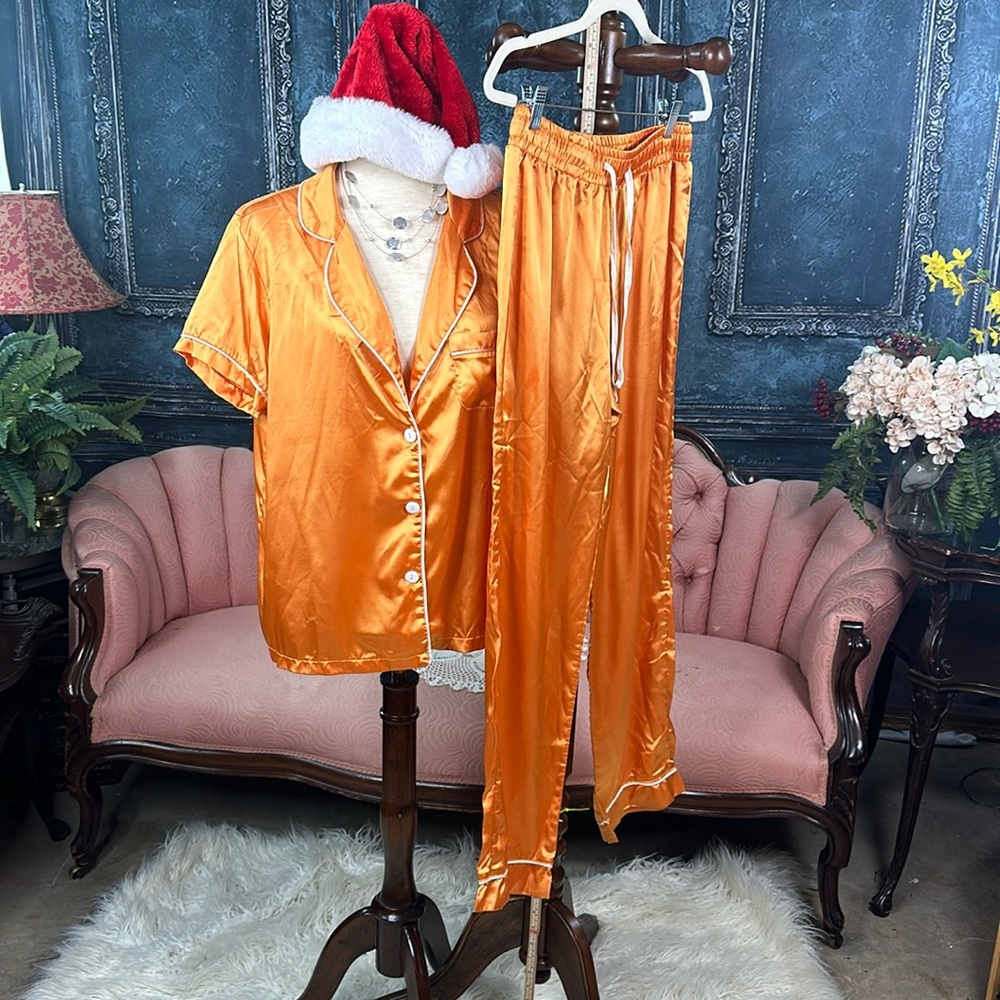 Silky satin orange PJ set. Fun and super comfy.
